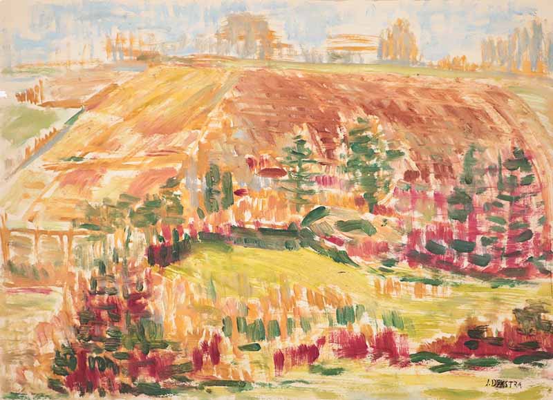Expressionistisch landschap met akkers en bomen in herfstkleuren, gesigneerd Dijkstra, olieverf op doek