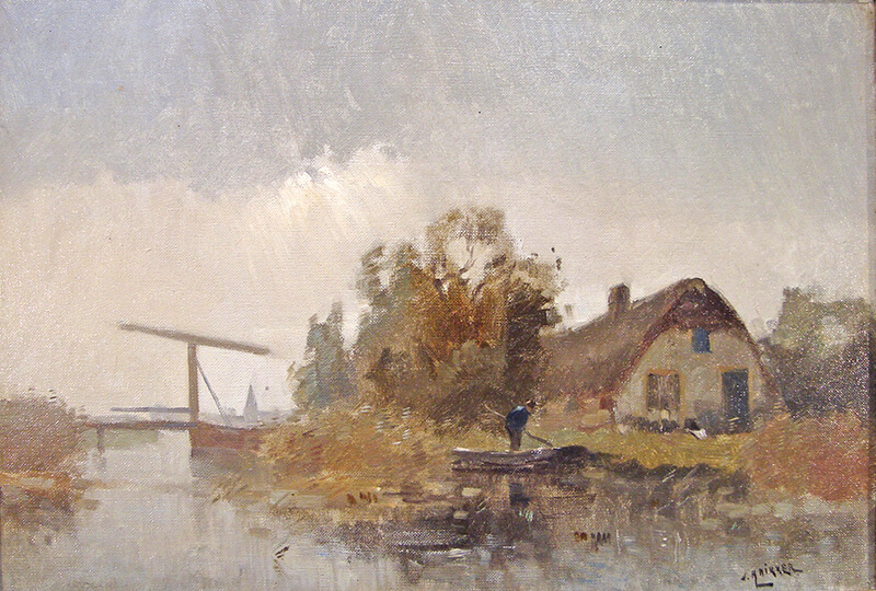 Hollands polderlandschap met boerderij en brug, olieverfschilderij