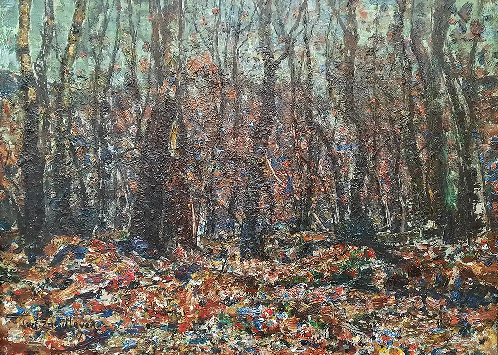 Impressionistisch boslandschap met herfstbladeren op de grond, olieverf op doek